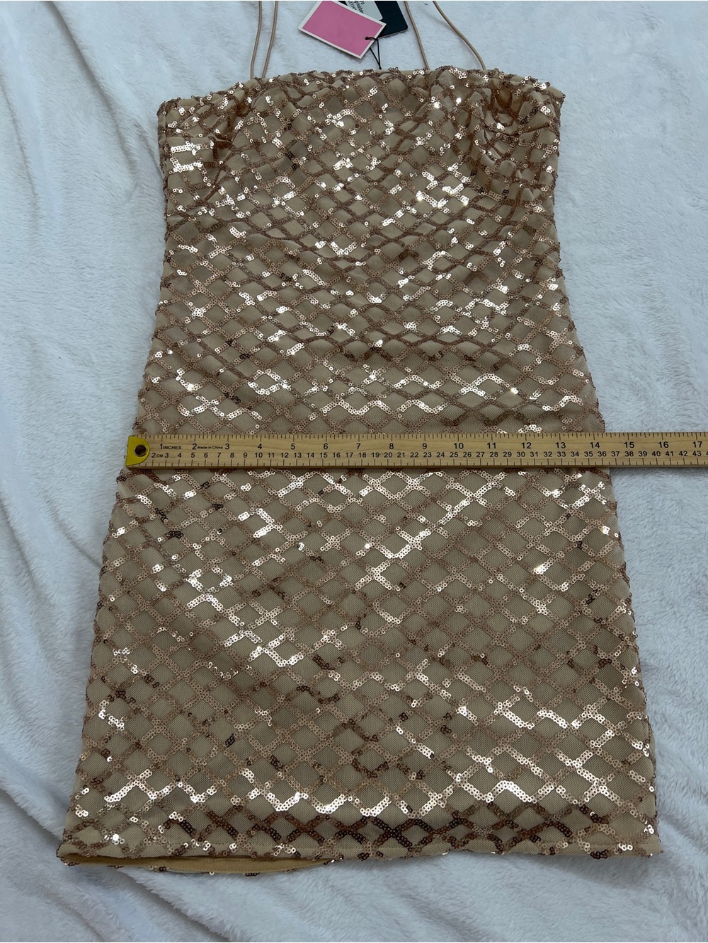 PrettyLittleThing Gold Sequin Strappy Bodycon Mini Dress NWT Size 4 - Picture 10 of 11